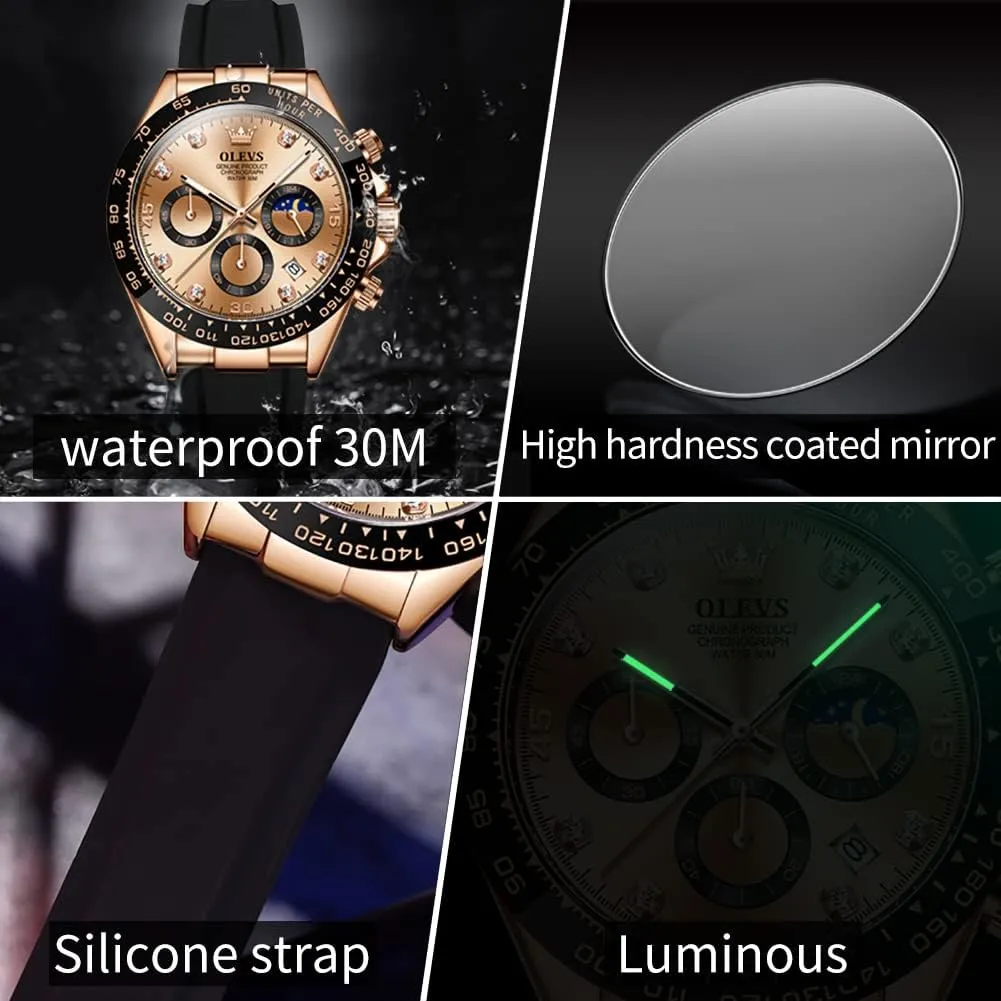 Watches Chronograph Multifunction Sport Silicone Luxury Diamond hitherto Moon Phase Quartz Male Watch Waterproof Wrist Watch ?? OLEVS Men's 