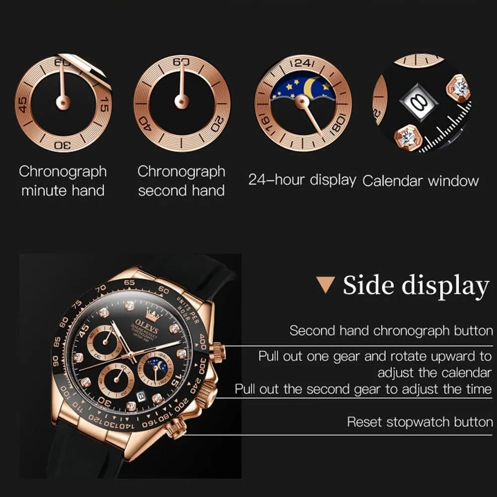Watches Chronograph Multifunction Sport Silicone Luxury Diamond hitherto Moon Phase Quartz Male Watch Waterproof Wrist Watch ?? OLEVS Men's 