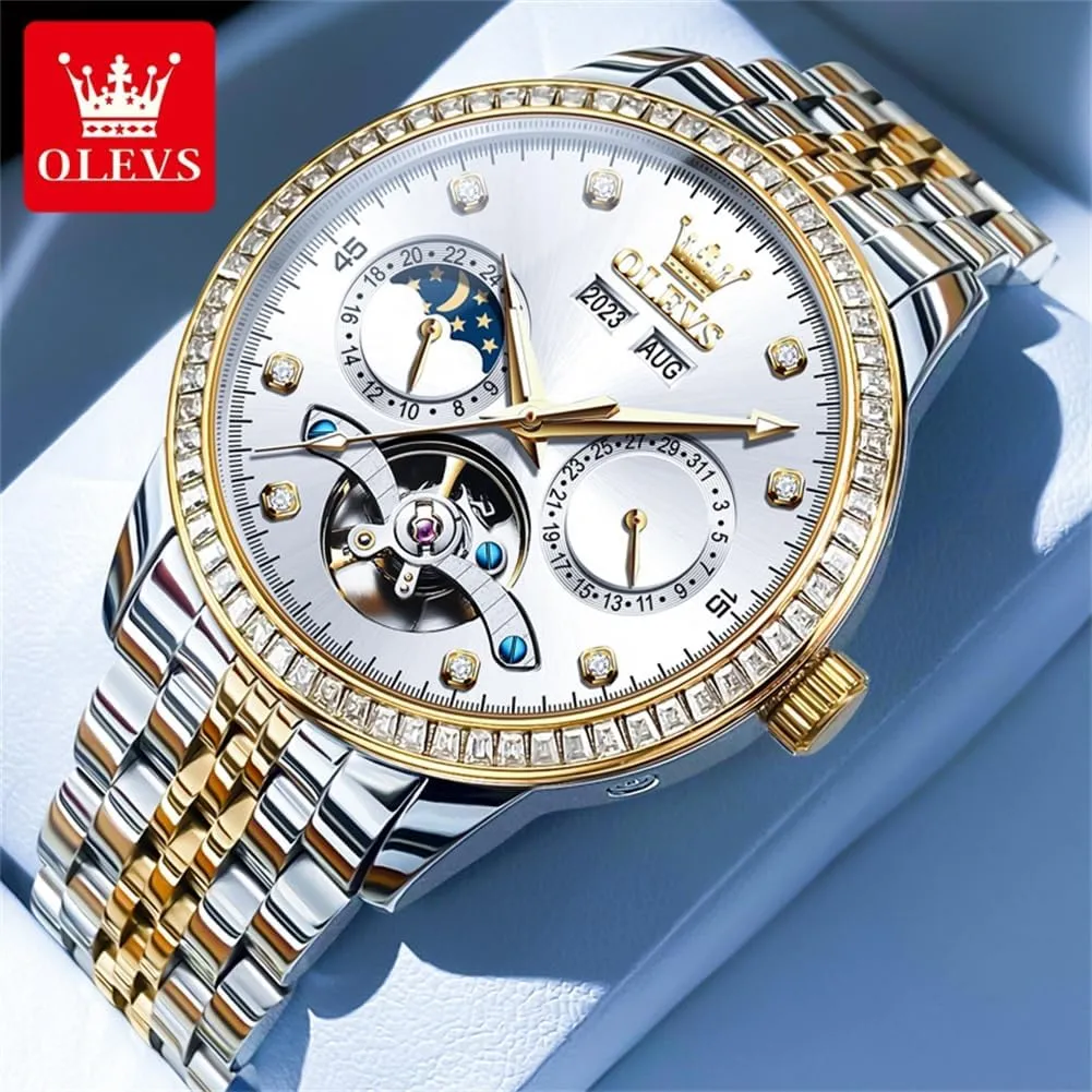 Watches for Men Diamond Luxury Dress Tourbillion Moon Phase Two Tone Stainless Steel refractory deficiency electronically Luminous Waterproof Men Wrist Watch OLEVS Automatic 