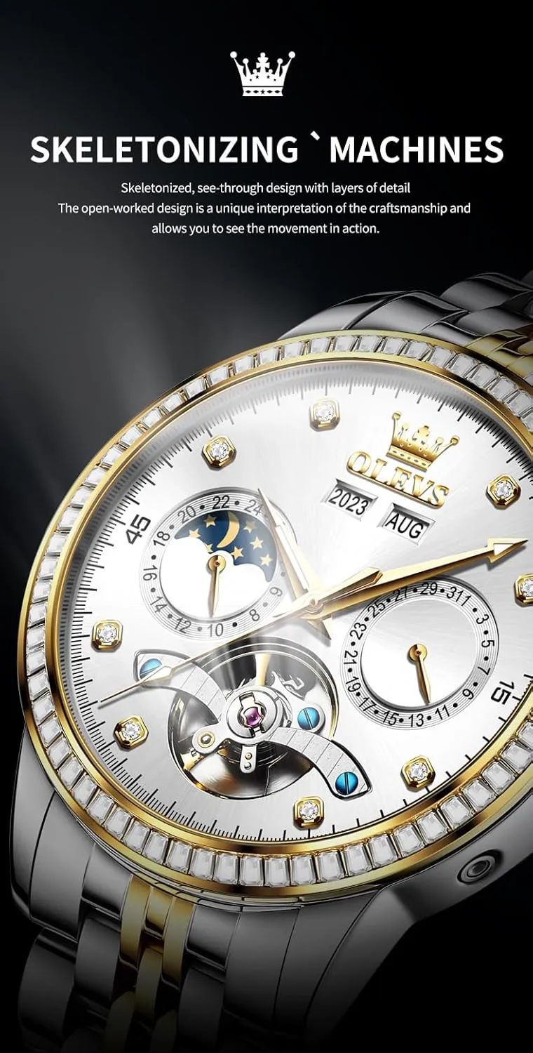 Watches for Men Diamond Luxury Dress Tourbillion Moon Phase Two Tone Stainless Steel refractory deficiency electronically Luminous Waterproof Men Wrist Watch OLEVS Automatic 