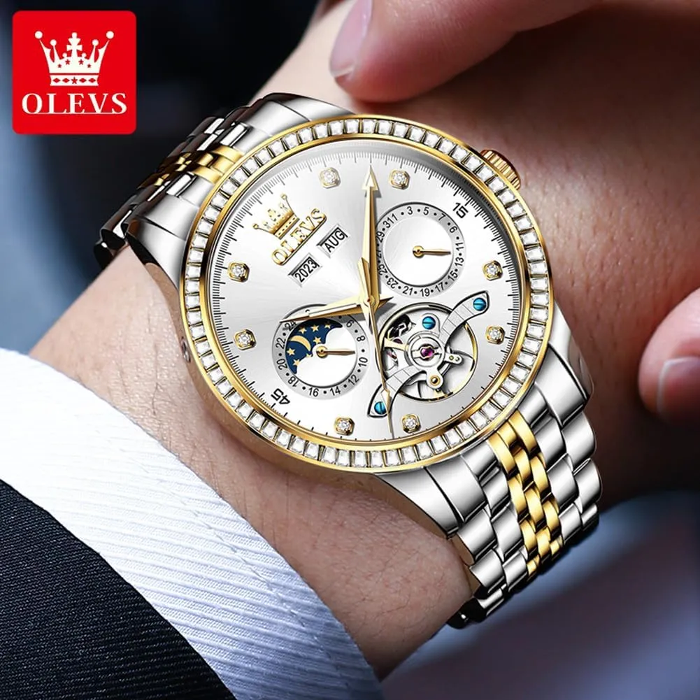 Watches for Men Diamond Luxury Dress Tourbillion Moon Phase Two Tone Stainless Steel refractory deficiency electronically Luminous Waterproof Men Wrist Watch OLEVS Automatic 