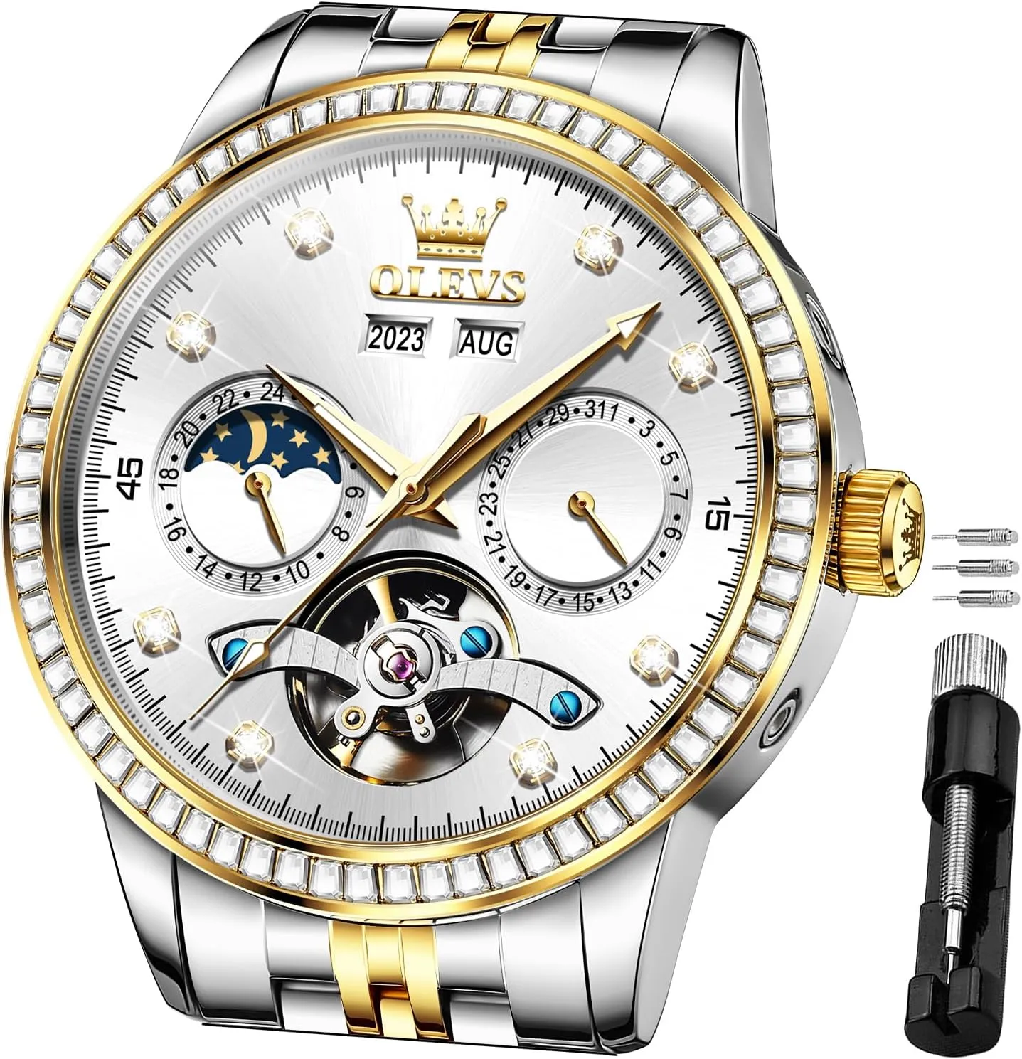 Watches for Men Diamond Luxury Dress Tourbillion Moon Phase Two Tone Stainless Steel refractory deficiency electronically Luminous Waterproof Men Wrist Watch OLEVS Automatic 