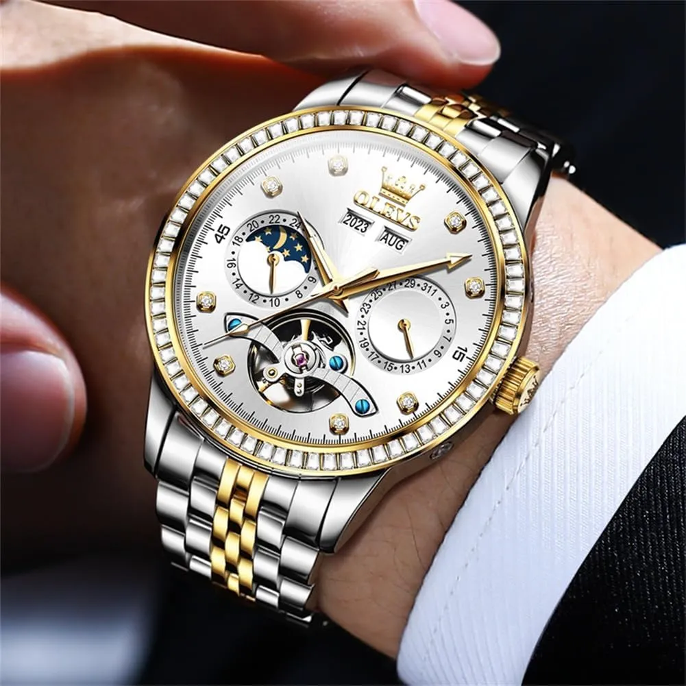 Watches for Men Diamond Luxury Dress Tourbillion Moon Phase Two Tone Stainless Steel refractory deficiency electronically Luminous Waterproof Men Wrist Watch OLEVS Automatic 