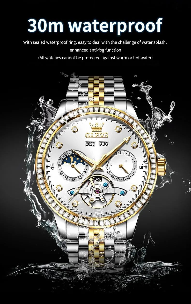 Watches for Men Diamond Luxury Dress Tourbillion Moon Phase Two Tone Stainless Steel refractory deficiency electronically Luminous Waterproof Men Wrist Watch OLEVS Automatic 