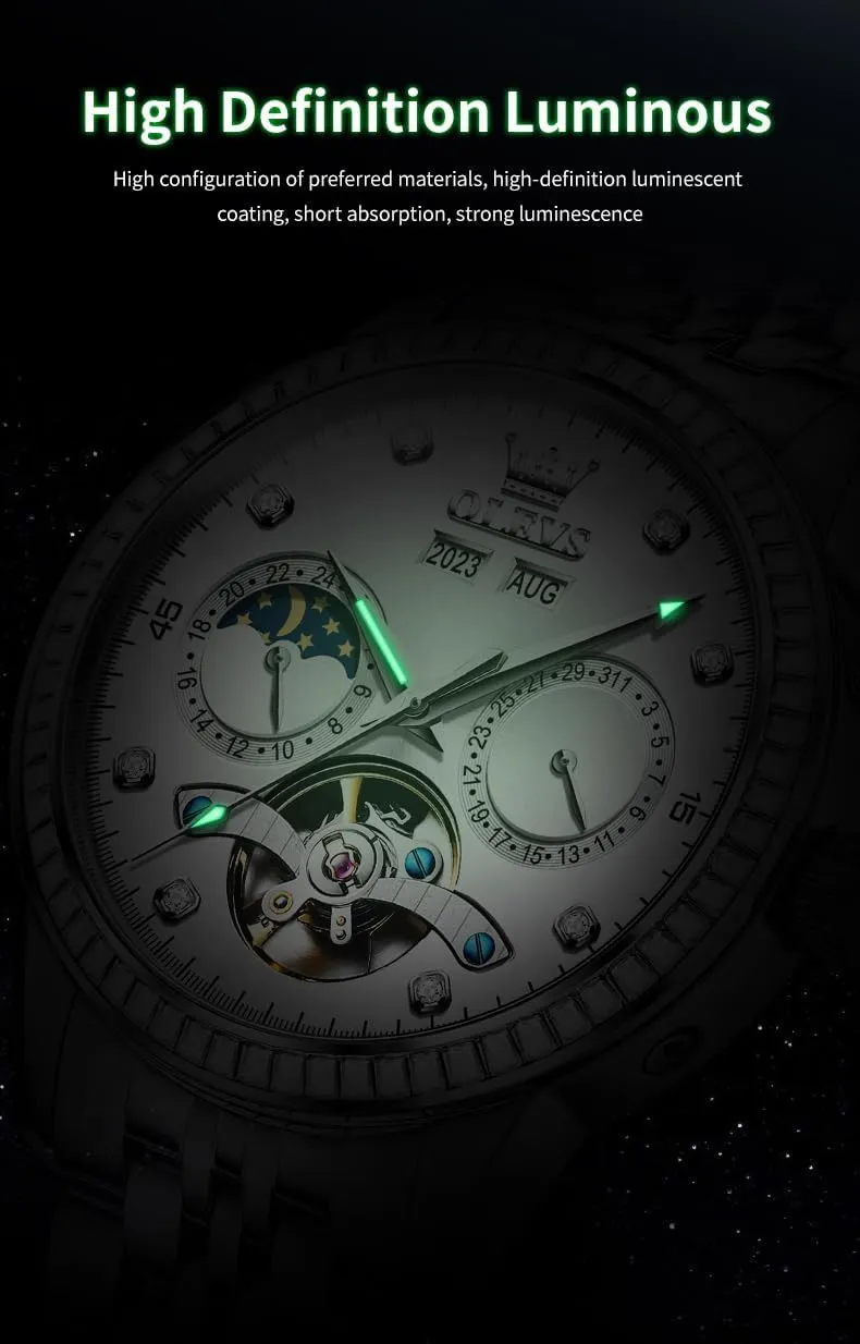 Watches for Men Diamond Luxury Dress Tourbillion Moon Phase Two Tone Stainless Steel refractory deficiency electronically Luminous Waterproof Men Wrist Watch OLEVS Automatic 