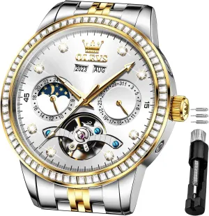 Watches for Men Diamond Luxury Dress Tourbillion Moon Phase Two Tone Stainless Steel refractory deficiency electronically Luminous Waterproof Men Wrist Watch OLEVS Automatic 