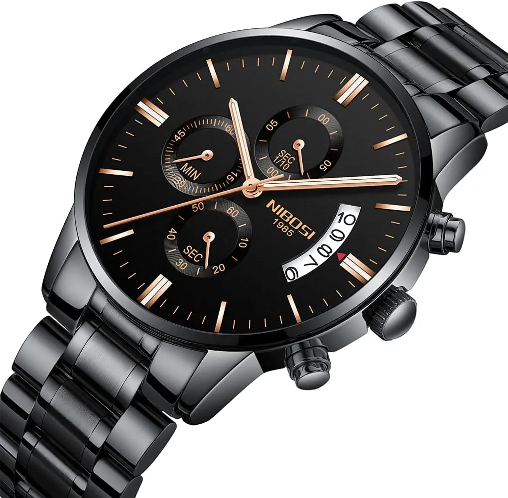 Watches for Men Fashion Stainless Steel Business Casual Luxury Waterproof Luminous Dress Analog Chronograph charcoal restatement Luminous Large Big Face Dad Father Gifts Gold Black Wrist Watch NIBOSI 