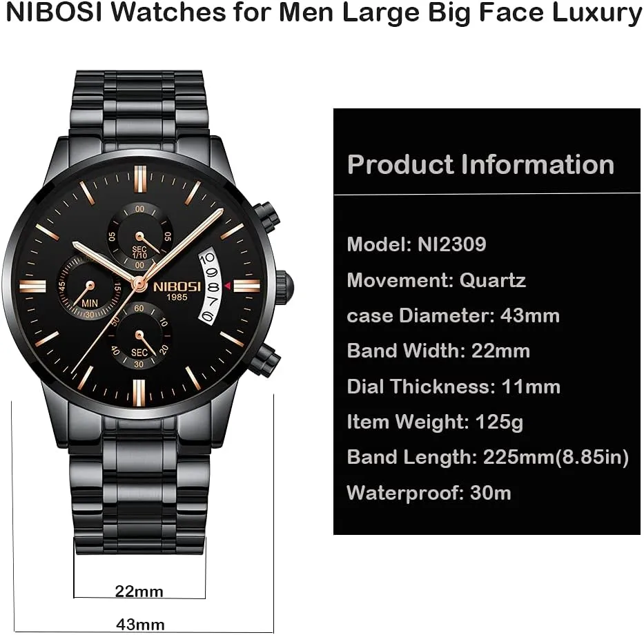 Watches for Men Fashion Stainless Steel Business Casual Luxury Waterproof Luminous Dress Analog Chronograph charcoal restatement Luminous Large Big Face Dad Father Gifts Gold Black Wrist Watch NIBOSI 
