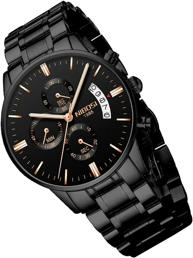 Watches for Men Fashion Stainless Steel Business Casual Luxury Waterproof Luminous Dress Analog Chronograph charcoal restatement Luminous Large Big Face Dad Father Gifts Gold Black Wrist Watch NIBOSI 