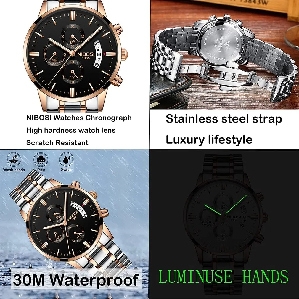 Watches for Men Fashion Stainless Steel Business Casual Luxury Waterproof Luminous Dress Analog Chronograph charcoal restatement Luminous Large Big Face Dad Father Gifts Gold Black Wrist Watch NIBOSI 