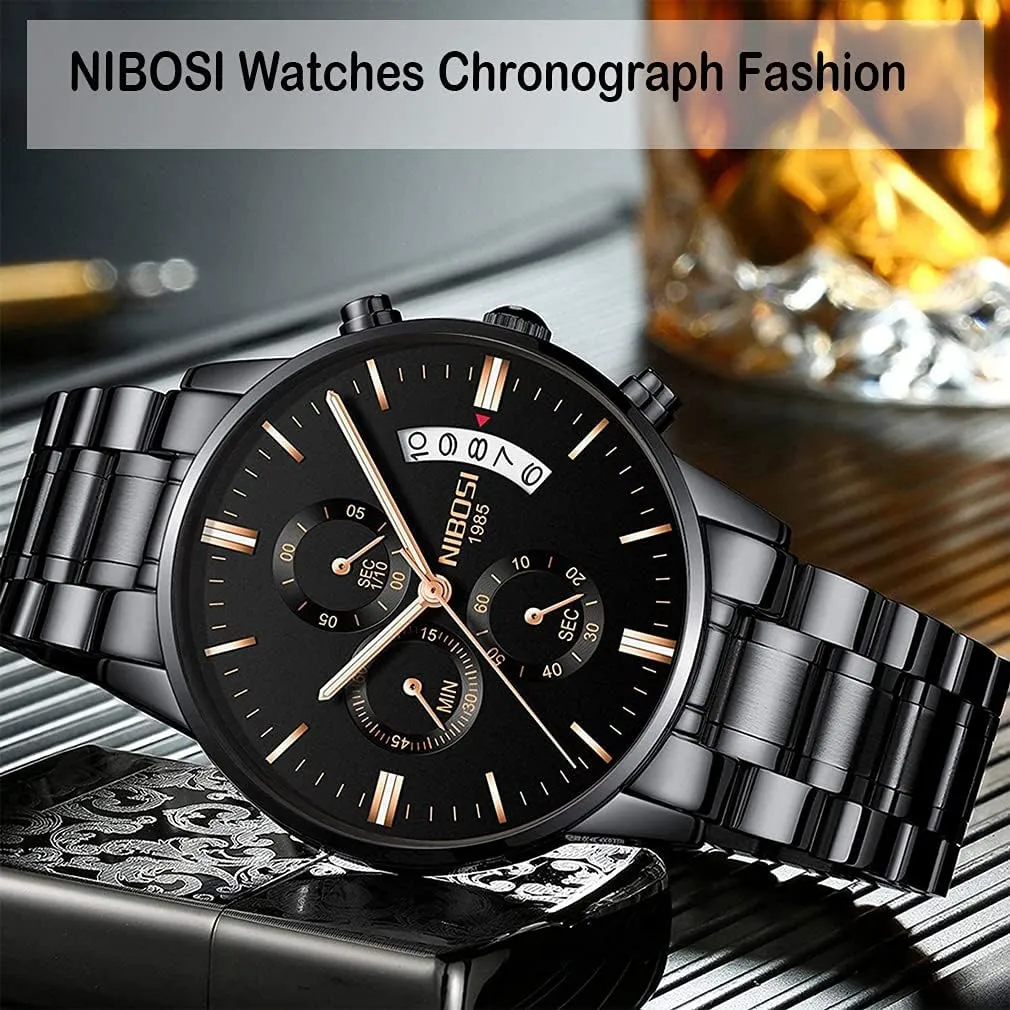 Watches for Men Fashion Stainless Steel Business Casual Luxury Waterproof Luminous Dress Analog Chronograph charcoal restatement Luminous Large Big Face Dad Father Gifts Gold Black Wrist Watch NIBOSI 