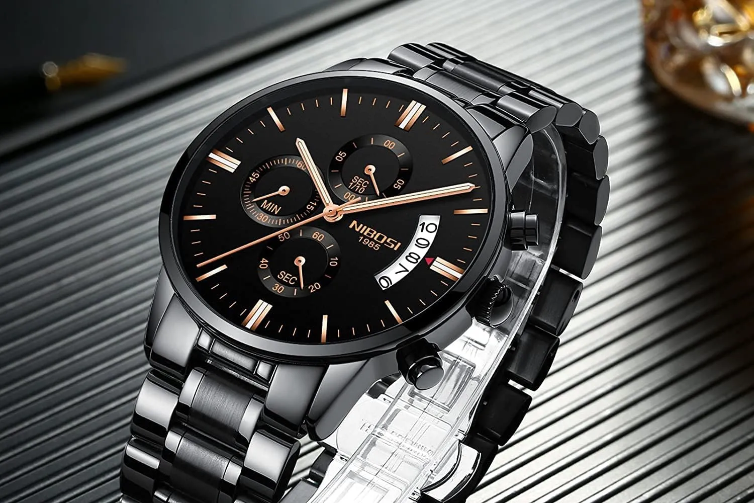 Watches for Men Fashion Stainless Steel Business Casual Luxury Waterproof Luminous Dress Analog Chronograph charcoal restatement Luminous Large Big Face Dad Father Gifts Gold Black Wrist Watch NIBOSI 
