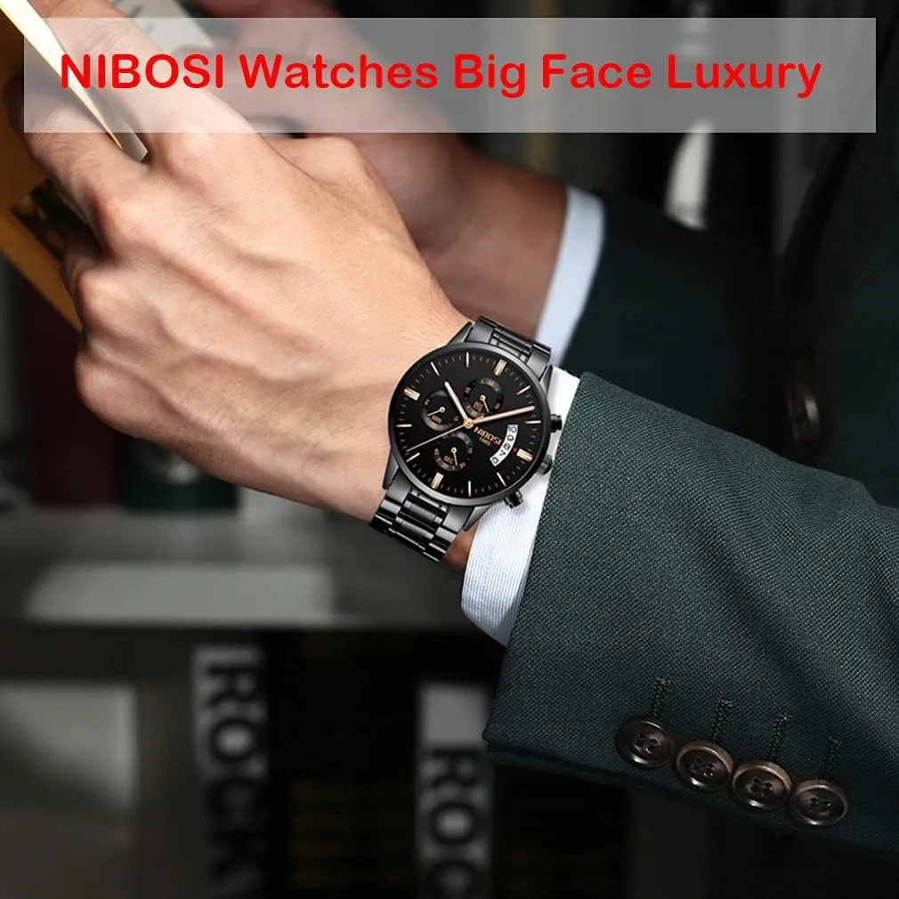 Watches for Men Fashion Stainless Steel Business Casual Luxury Waterproof Luminous Dress Analog Chronograph charcoal restatement Luminous Large Big Face Dad Father Gifts Gold Black Wrist Watch NIBOSI 