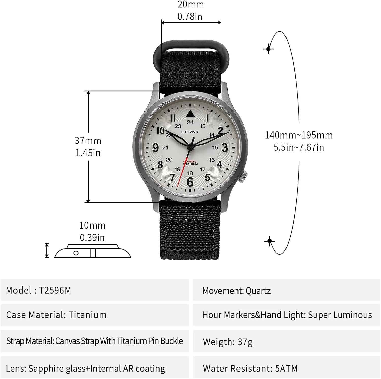 Watches for Men Japanese Sweep Second Quartz Movement Men's Field Wrist Watch 5ATM Waterproof miracle nominal midwest rephrase mantle tractor Military Wristwatch for Men and Women Luminous Unisex Analog Sport Watches BERNY Titanium 