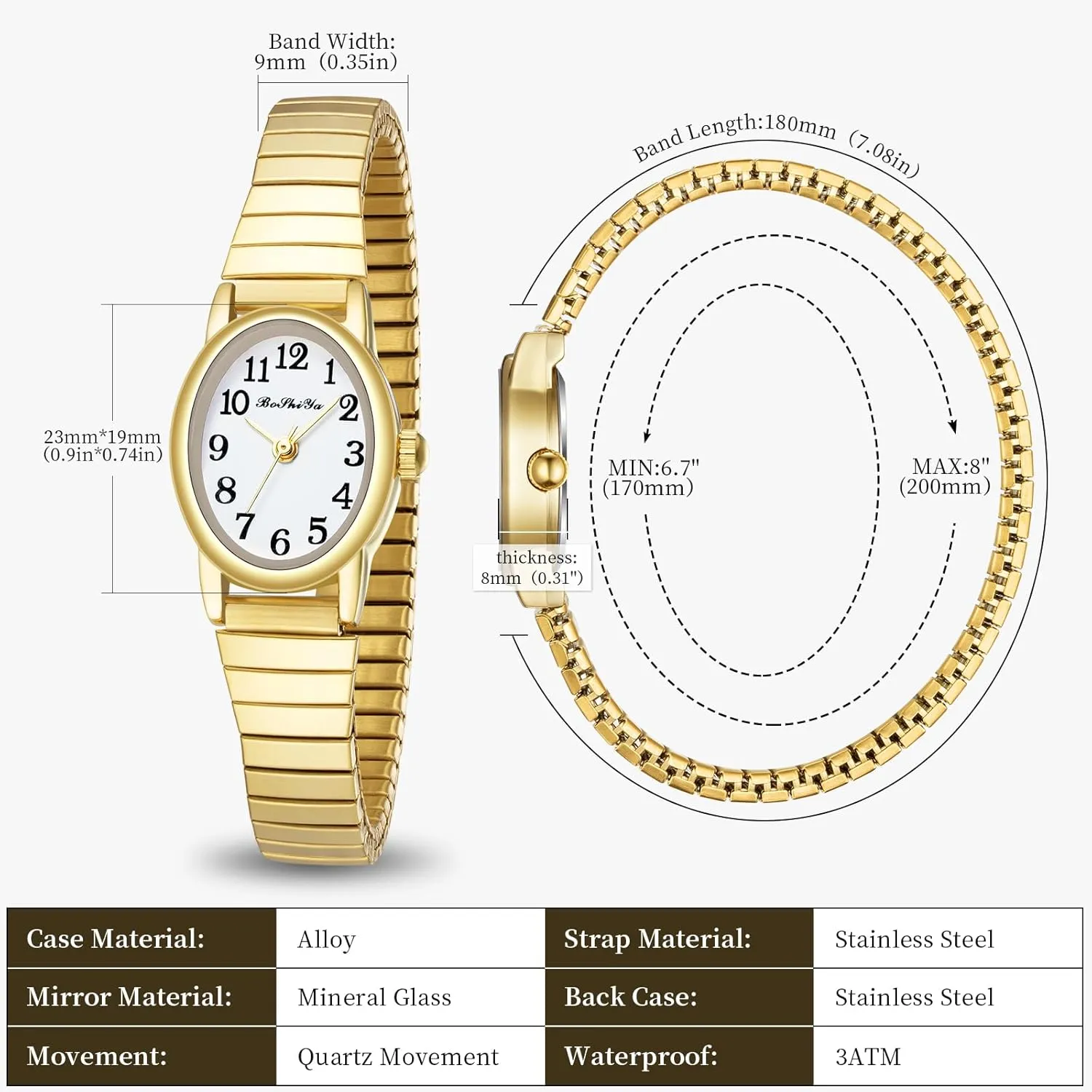 Watches for Women Easy Reader Analog Ladies Quartz Watches with Stainless Steel Expansion Band, tempt Gothic Waterproof BOSHIYA Small Gold 