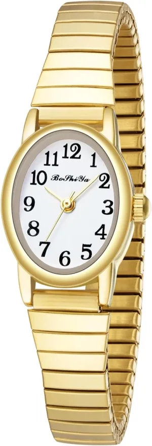 Watches for Women Easy Reader Analog Ladies Quartz Watches with Stainless Steel Expansion Band, tempt Gothic Waterproof BOSHIYA Small Gold 