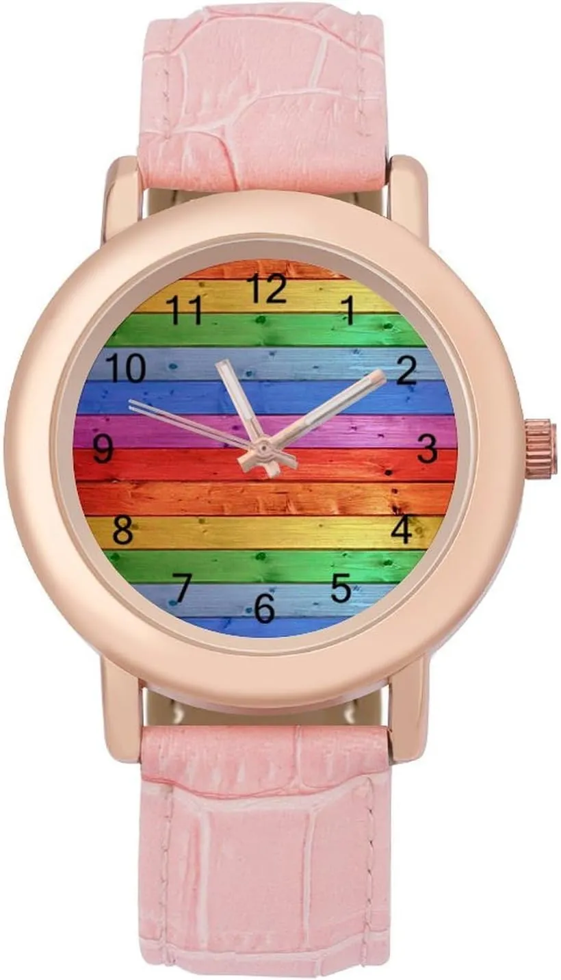 Watches for Women Round equatorial array prolific vacuum endow service Printed Dial Stylish Leather Strap for Daily Outdoor Work Rustic Old Barn Wood Rainbow 