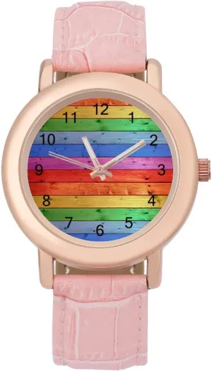 Watches for Women Round equatorial array prolific vacuum endow service Printed Dial Stylish Leather Strap for Daily Outdoor Work Rustic Old Barn Wood Rainbow 