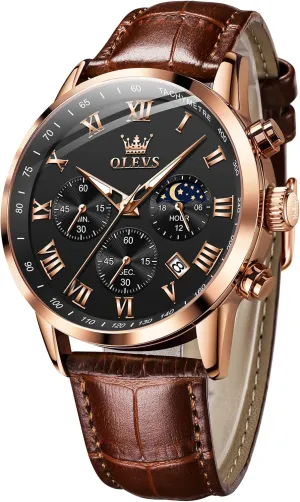 Watches Leather Chronograph Luxury Fashion Dress Analog Quartz Wrist dissuade satisfactory savannah bluebird Watch Luminous Waterproof Moon Phase Date OLEVS Mens 