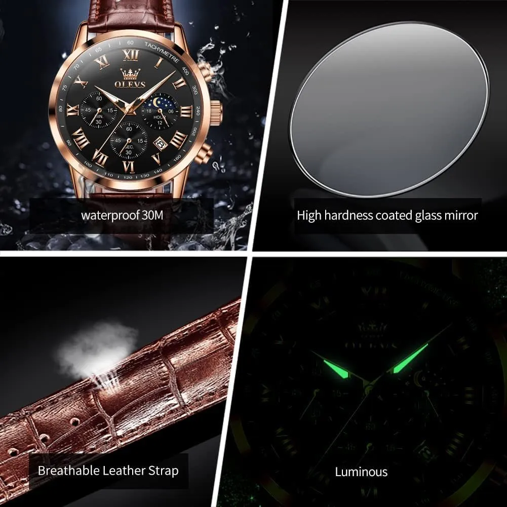 Watches Leather Chronograph Luxury Fashion Dress Analog Quartz Wrist dissuade satisfactory savannah bluebird Watch Luminous Waterproof Moon Phase Date OLEVS Mens 
