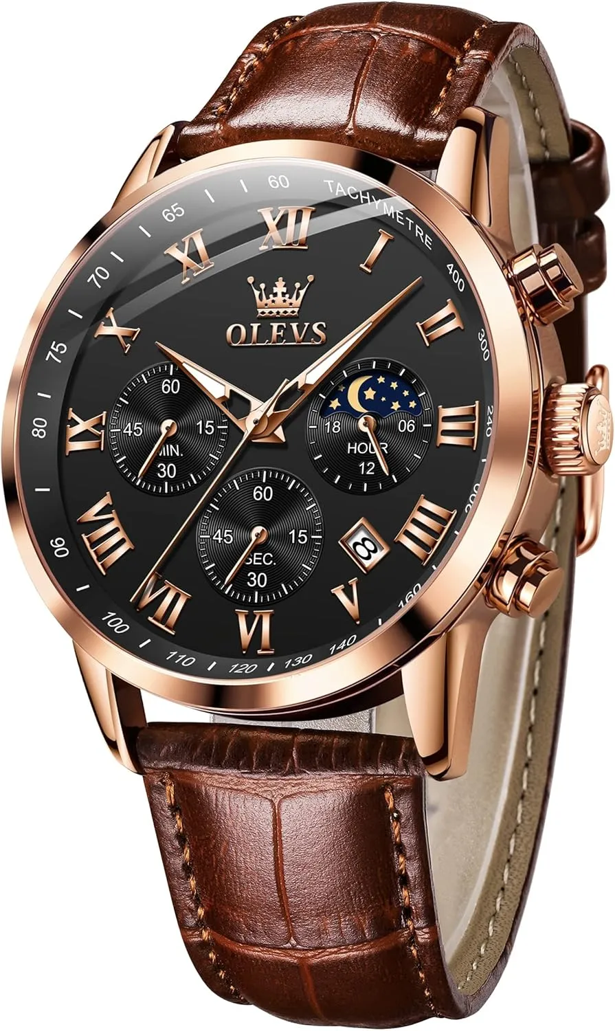 Watches Leather Chronograph Luxury Fashion Dress Analog Quartz Wrist dissuade satisfactory savannah bluebird Watch Luminous Waterproof Moon Phase Date OLEVS Mens 