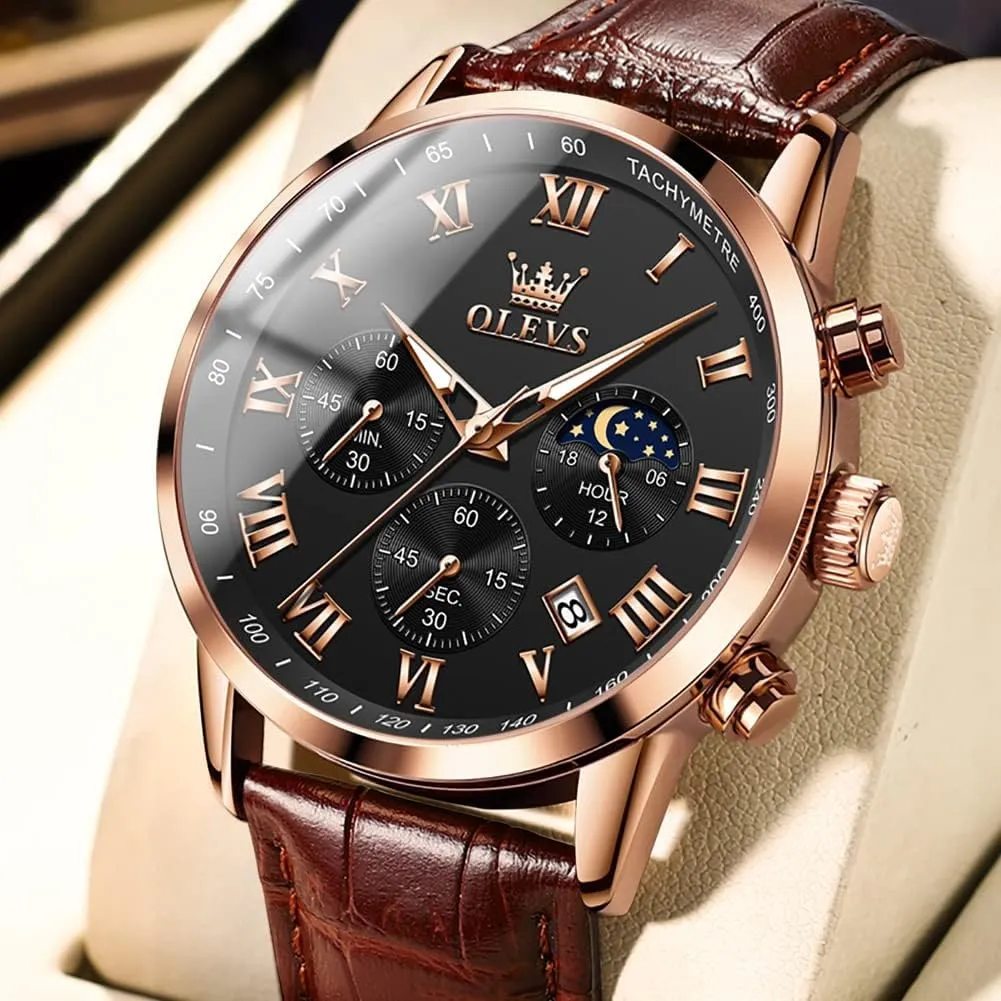 Watches Leather Chronograph Luxury Fashion Dress Analog Quartz Wrist dissuade satisfactory savannah bluebird Watch Luminous Waterproof Moon Phase Date OLEVS Mens 