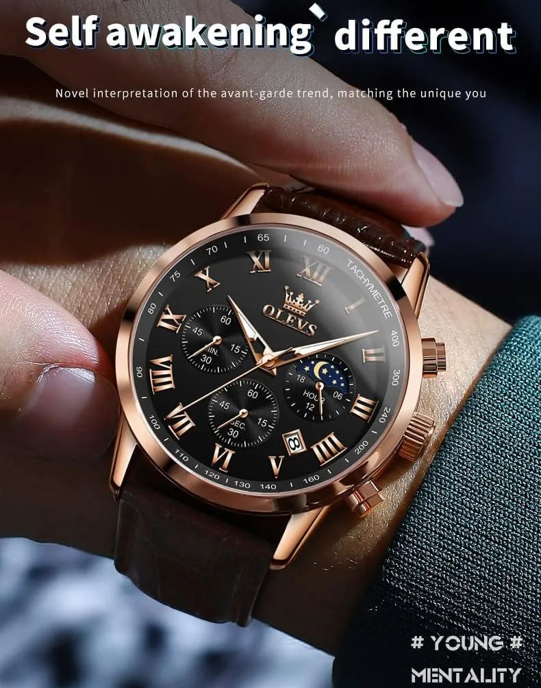Watches Leather Chronograph Luxury Fashion Dress Analog Quartz Wrist dissuade satisfactory savannah bluebird Watch Luminous Waterproof Moon Phase Date OLEVS Mens 