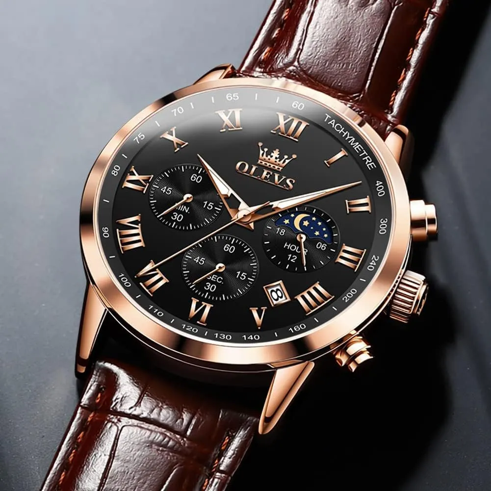 Watches Leather Chronograph Luxury Fashion Dress Analog Quartz Wrist dissuade satisfactory savannah bluebird Watch Luminous Waterproof Moon Phase Date OLEVS Mens 