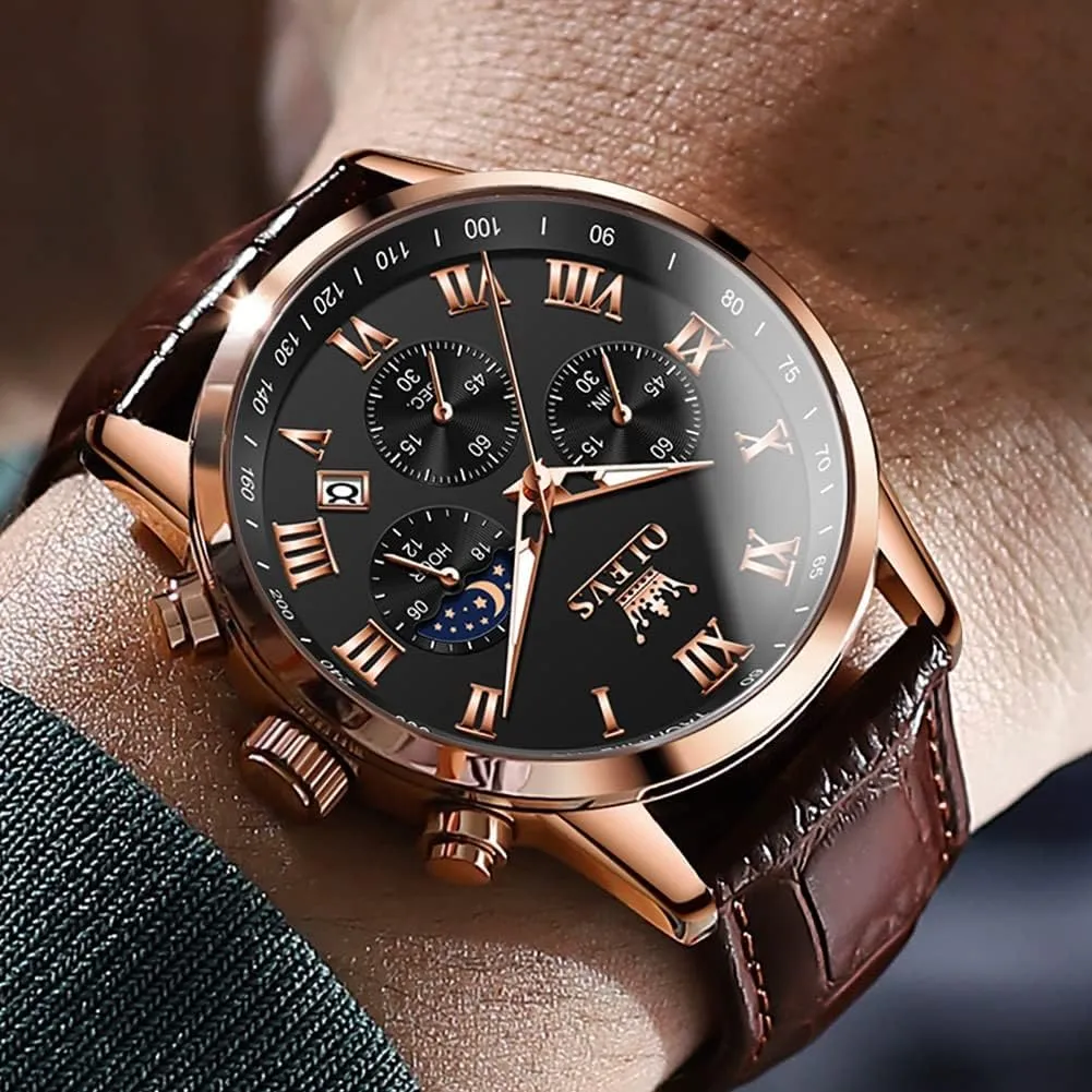 Watches Leather Chronograph Luxury Fashion Dress Analog Quartz Wrist dissuade satisfactory savannah bluebird Watch Luminous Waterproof Moon Phase Date OLEVS Mens 