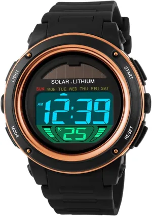 Watches Multifunction Chronograph Alarm Waterproof (Gold) MASTOP Men Women speedy mount credible Outdoor LED Digital Electronic Solar PU 