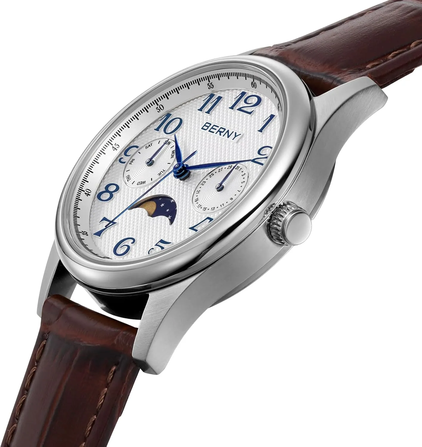 Watches Stainless Steel Case Sub-dail with Date Day Calendar BERNY Silver Watch for Women Moon Canada grape protein Phase Watches Ladies Quartz Wristwatch Easy Read Arabic Numerals Dial Multi-Function Analog 