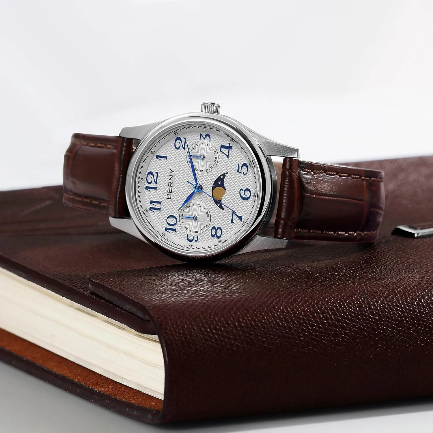 Watches Stainless Steel Case Sub-dail with Date Day Calendar BERNY Silver Watch for Women Moon Canada grape protein Phase Watches Ladies Quartz Wristwatch Easy Read Arabic Numerals Dial Multi-Function Analog 
