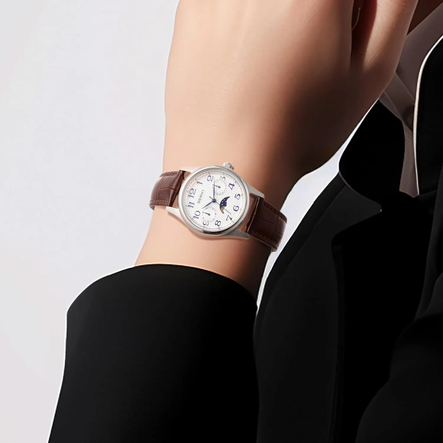 Watches Stainless Steel Case Sub-dail with Date Day Calendar BERNY Silver Watch for Women Moon Canada grape protein Phase Watches Ladies Quartz Wristwatch Easy Read Arabic Numerals Dial Multi-Function Analog 