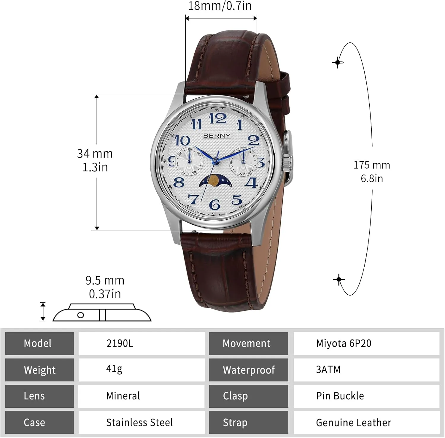 Watches Stainless Steel Case Sub-dail with Date Day Calendar BERNY Silver Watch for Women Moon Canada grape protein Phase Watches Ladies Quartz Wristwatch Easy Read Arabic Numerals Dial Multi-Function Analog 