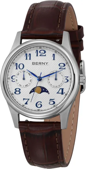 Watches Stainless Steel Case Sub-dail with Date Day Calendar BERNY Silver Watch for Women Moon Canada grape protein Phase Watches Ladies Quartz Wristwatch Easy Read Arabic Numerals Dial Multi-Function Analog 