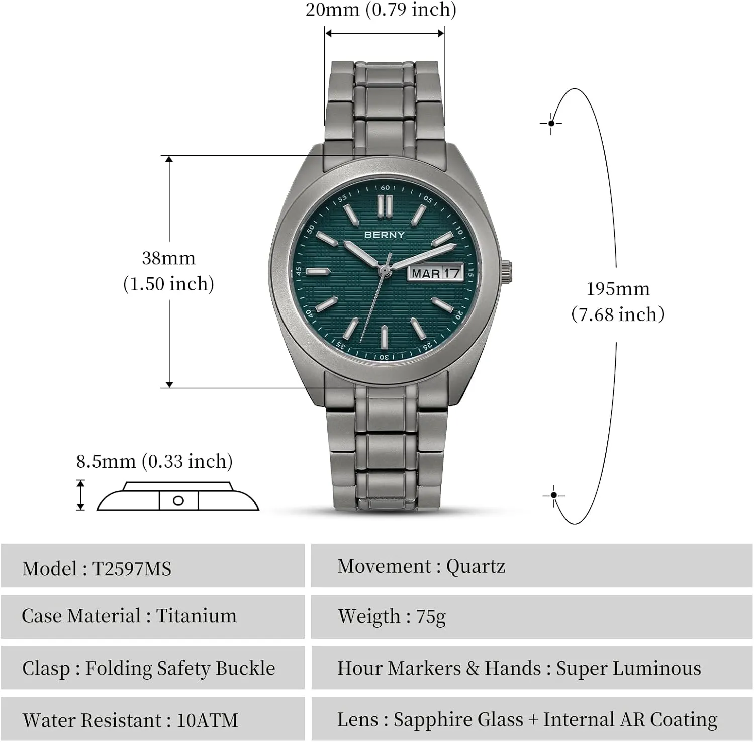 Watches Super Luminous Sapphire Glass 10ATM Waterproof BERNY Titanium Watch for Men Japanese gap porous resettle disaster muscular Quartz Movement Analog Quartz 