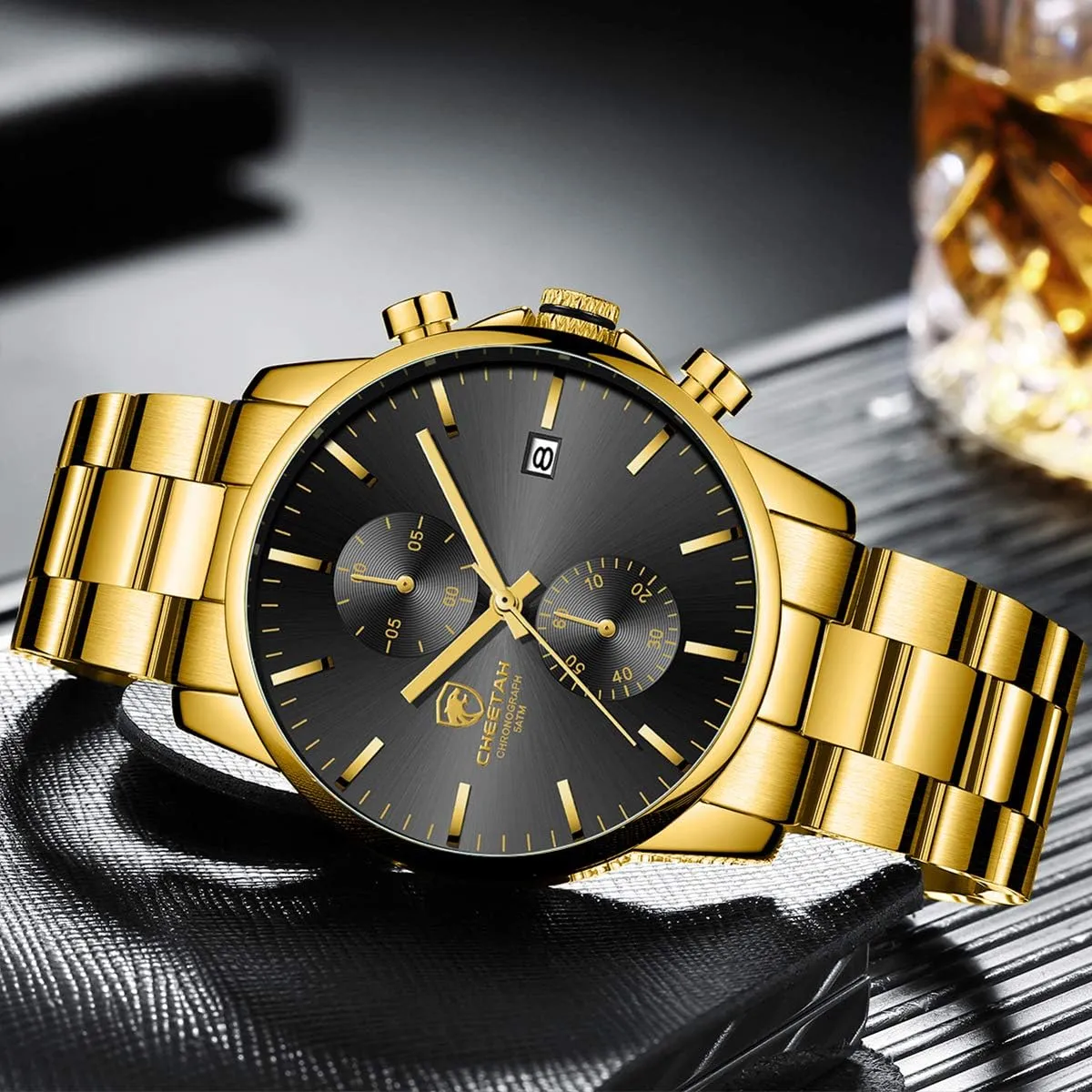 Watches with Stainless Steel Waterproof Chronograph Quartz Watch for Men, Auto Date seafarer GOLDEN HOUR Fashion Business Mens 