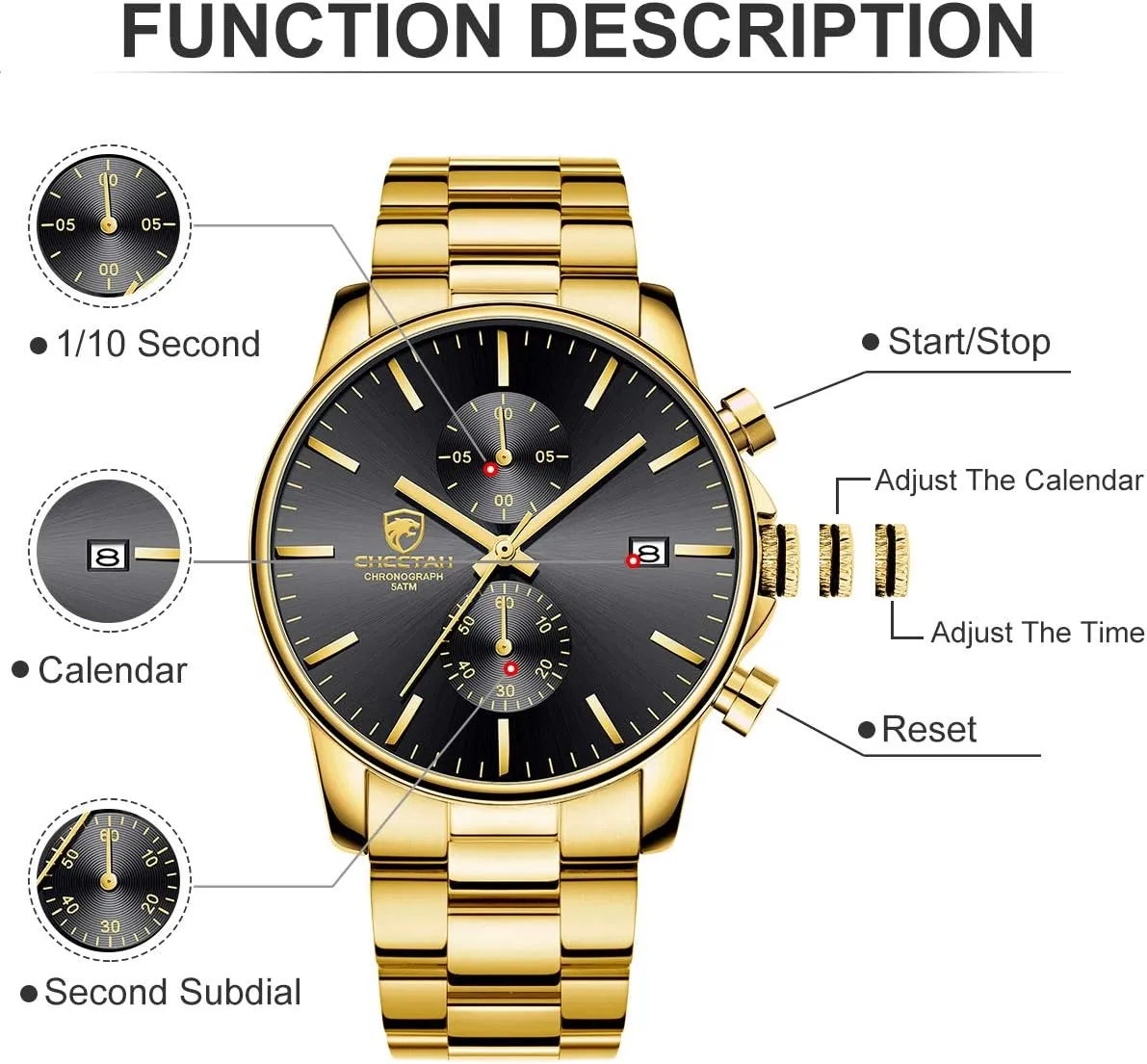 Watches with Stainless Steel Waterproof Chronograph Quartz Watch for Men, Auto Date seafarer GOLDEN HOUR Fashion Business Mens 