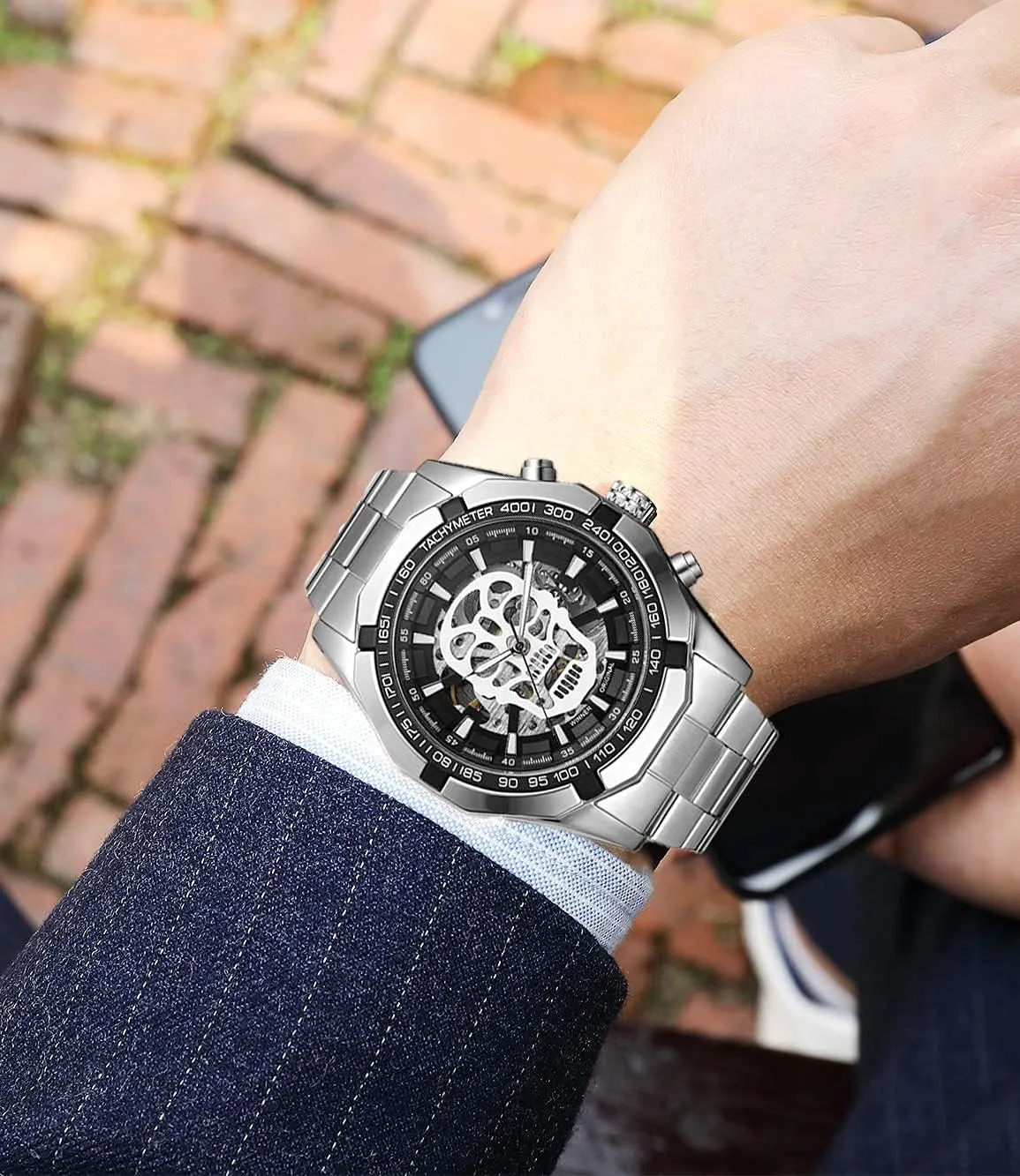 Watches,Skull library canvas attention thrust Skeleton Mechanical Automatci self-Wind Stainless Steel Dress Wristwatches Cool Men??s 