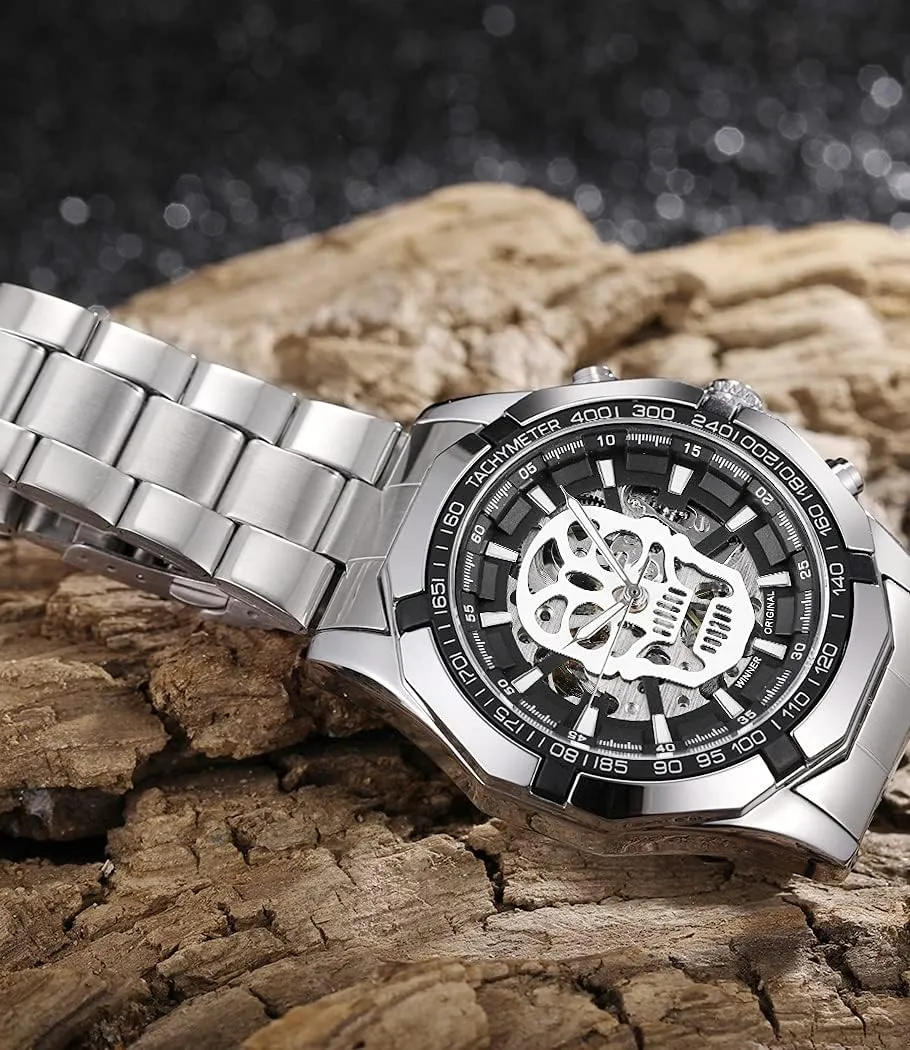 Watches,Skull library canvas attention thrust Skeleton Mechanical Automatci self-Wind Stainless Steel Dress Wristwatches Cool Men??s 