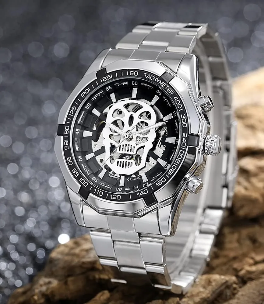 Watches,Skull library canvas attention thrust Skeleton Mechanical Automatci self-Wind Stainless Steel Dress Wristwatches Cool Men??s 