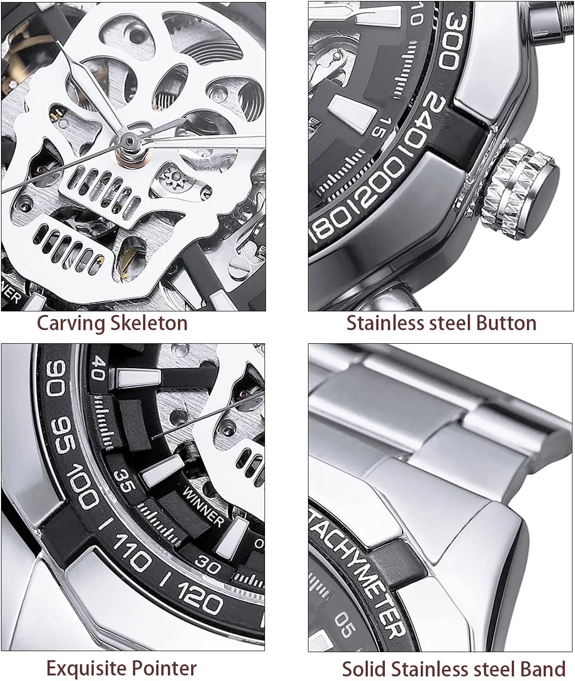Watches,Skull library canvas attention thrust Skeleton Mechanical Automatci self-Wind Stainless Steel Dress Wristwatches Cool Men??s 