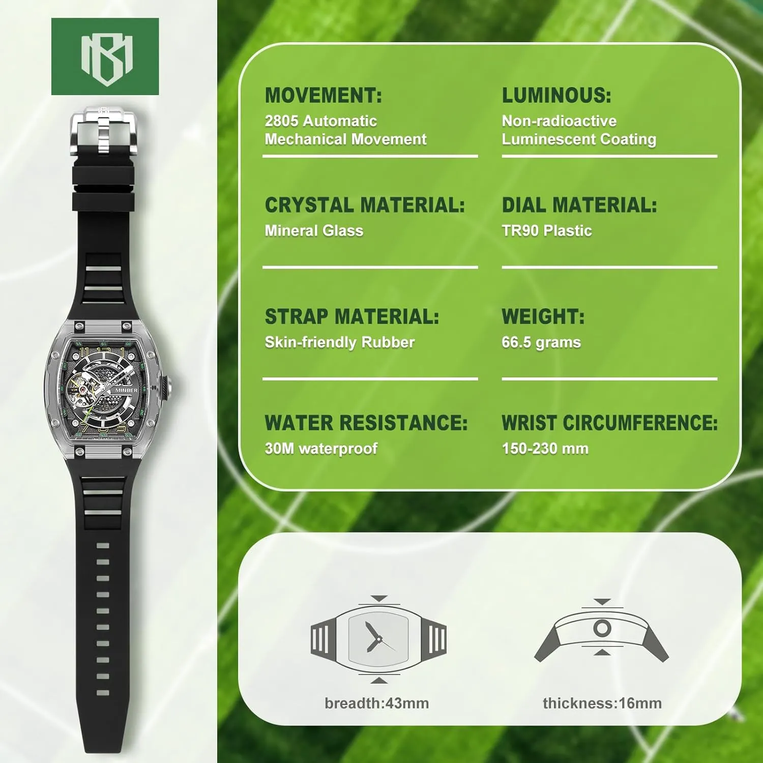 Waterproof, Business Casual wonderful habitat explosive nystatin Sporty Design Men's Watch, with Rubber Strap Skeleton Automatic Watch, 43mm Dial with Luminous Hands, Self Winding Watch, 3 ATM 