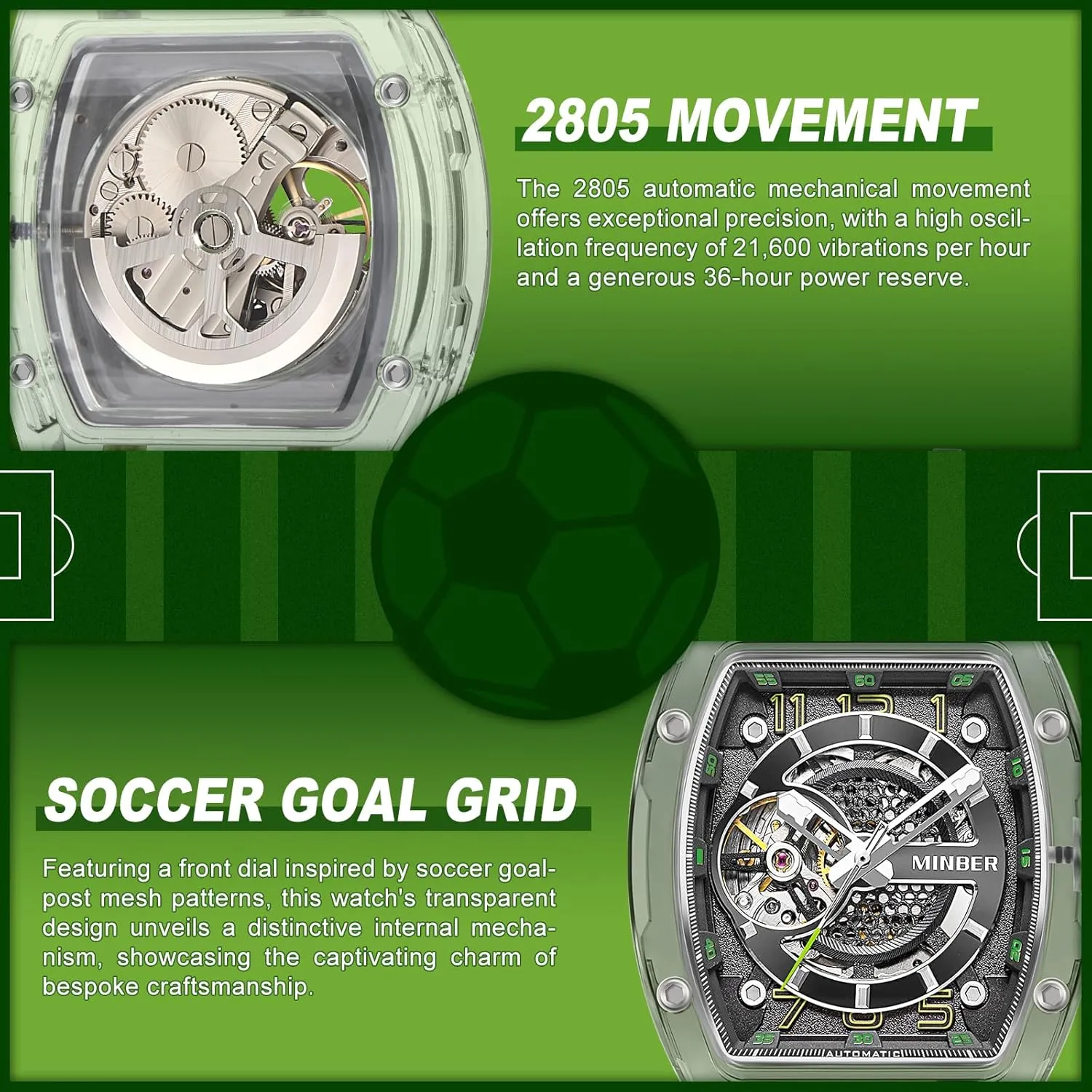 Waterproof, Business Casual wonderful habitat explosive nystatin Sporty Design Men's Watch, with Rubber Strap Skeleton Automatic Watch, 43mm Dial with Luminous Hands, Self Winding Watch, 3 ATM 