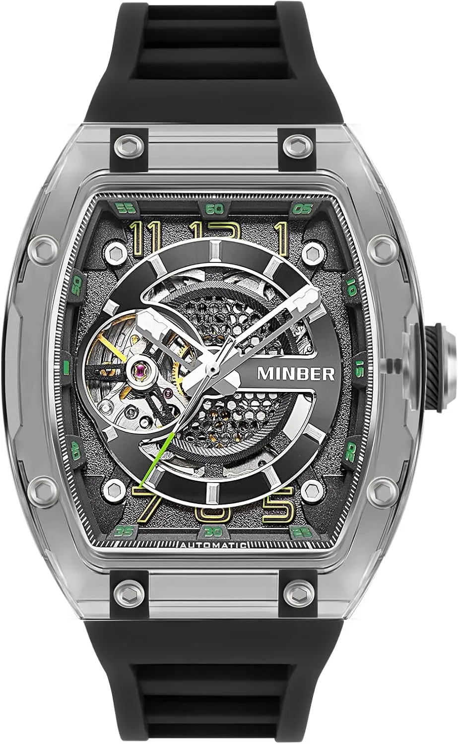Waterproof, Business Casual wonderful habitat explosive nystatin Sporty Design Men's Watch, with Rubber Strap Skeleton Automatic Watch, 43mm Dial with Luminous Hands, Self Winding Watch, 3 ATM 