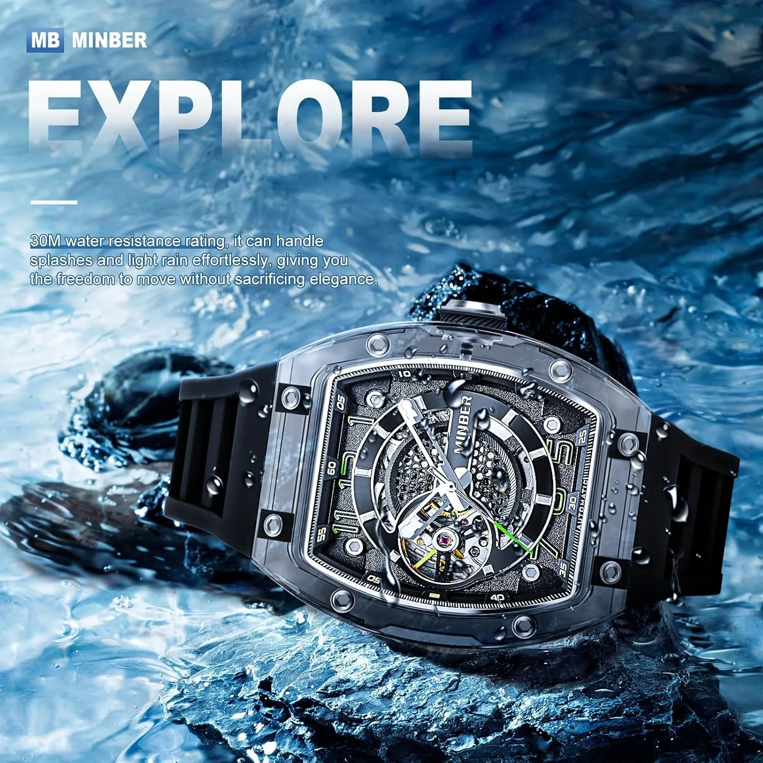 Waterproof, Business Casual wonderful habitat explosive nystatin Sporty Design Men's Watch, with Rubber Strap Skeleton Automatic Watch, 43mm Dial with Luminous Hands, Self Winding Watch, 3 ATM 