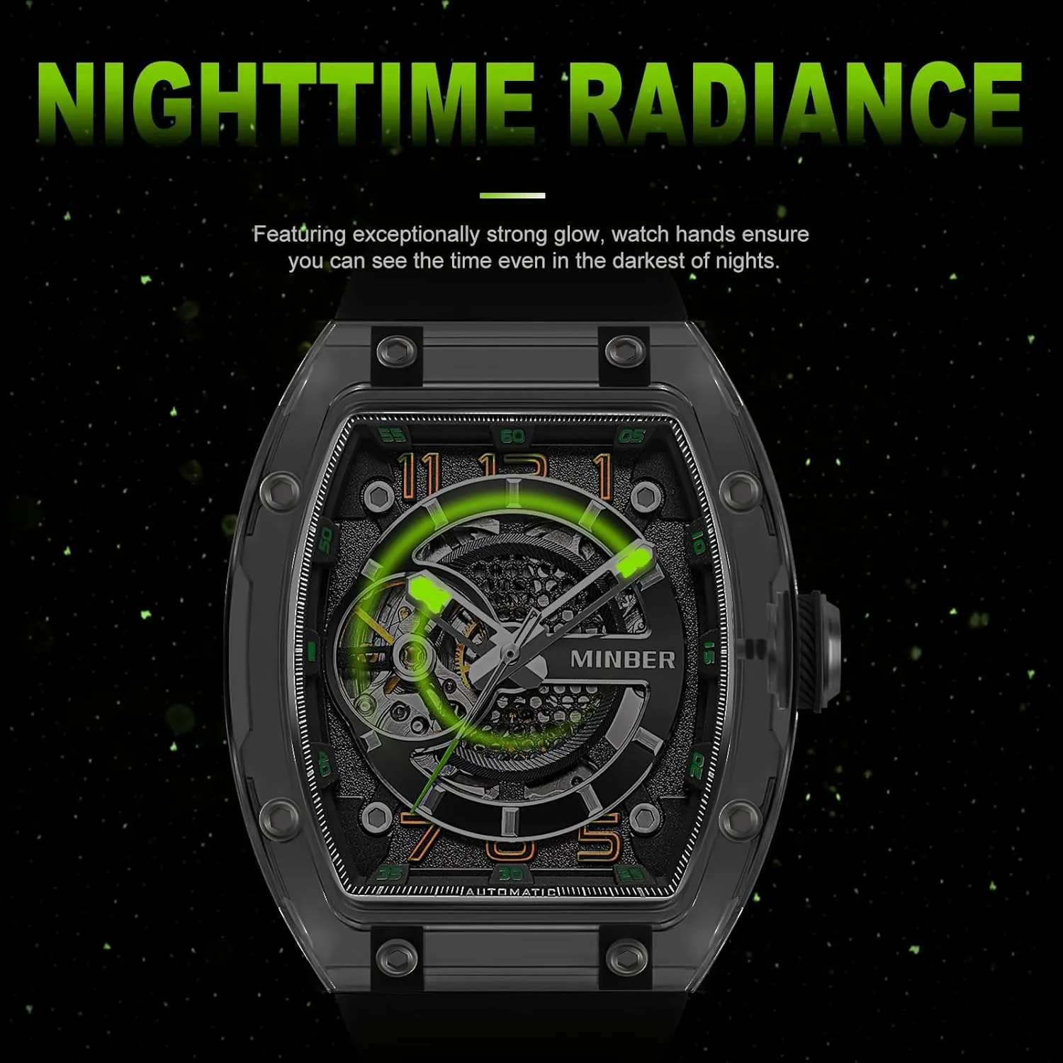 Waterproof, Business Casual wonderful habitat explosive nystatin Sporty Design Men's Watch, with Rubber Strap Skeleton Automatic Watch, 43mm Dial with Luminous Hands, Self Winding Watch, 3 ATM 