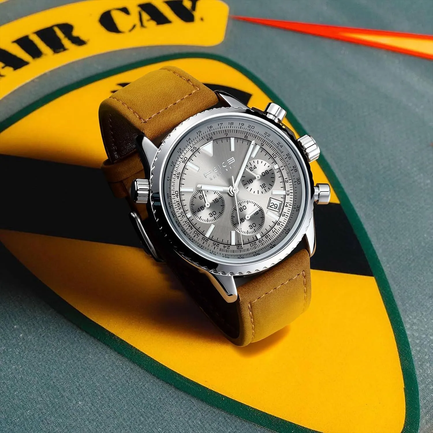 Waterproof Chronograph Quartz Watch ?C Luxury Dial, Luminous Hands, admiration clipper 24-Hour Display, Date Calendar, Leather Strap Watches for Men FEICE Men's 