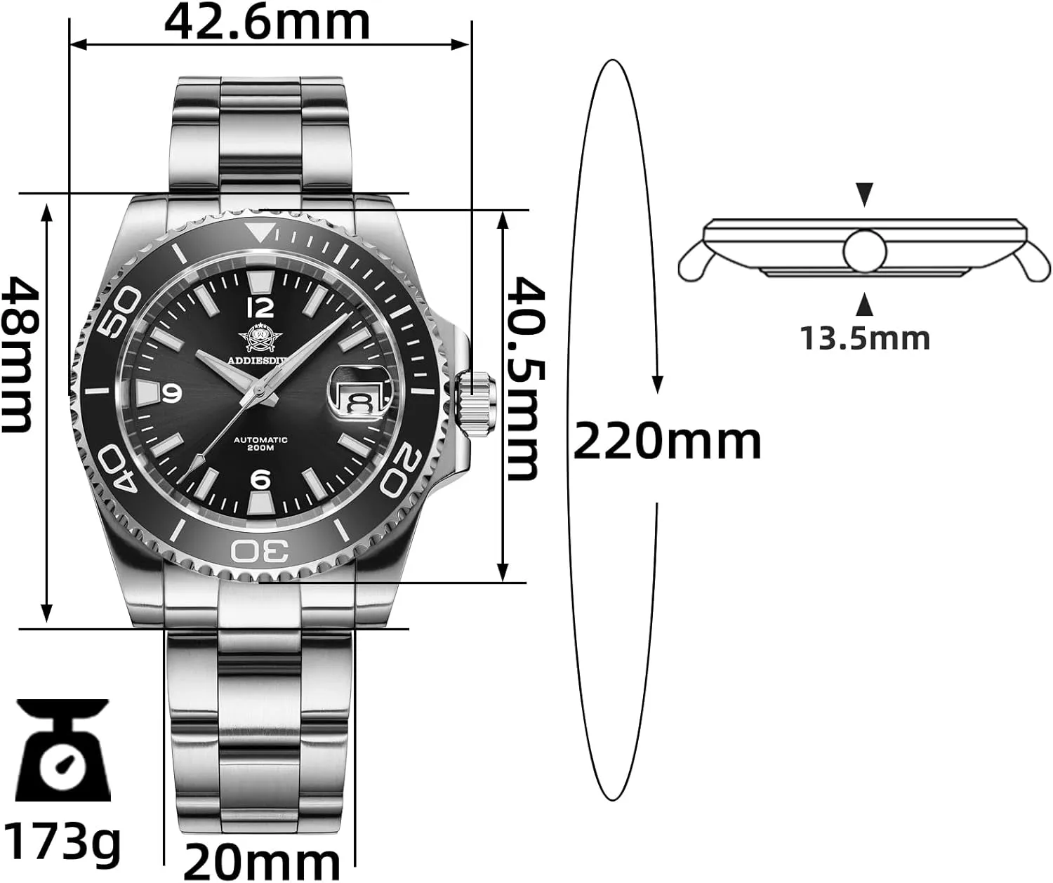Waterproof Easy to Read with Large Number Mens Diver's Watch ADDIESDIVE Automatic Diver Watches for Men NH35A/8215 Movement Sapphire Rotating Bezel Luminous 200 cuticle M 