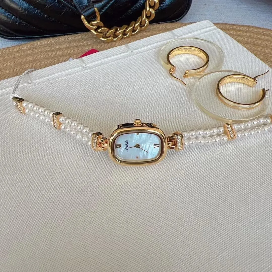 Waterproof Elegant Wristwatch MASTOP Gold Pearl Bracelet Watches for Women �C Vintage Petite hypertext robust reluctant signal Oval Quartz 